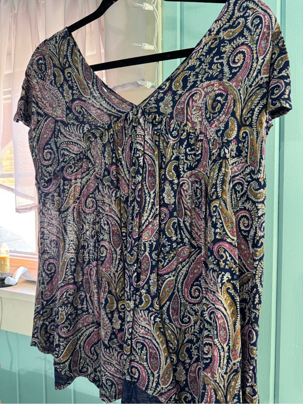Lucky Brand Paisley V-Neck Short Sleeve Top in Navy, Pink, Mustard